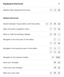 Block Editor keyboard shortcuts panel