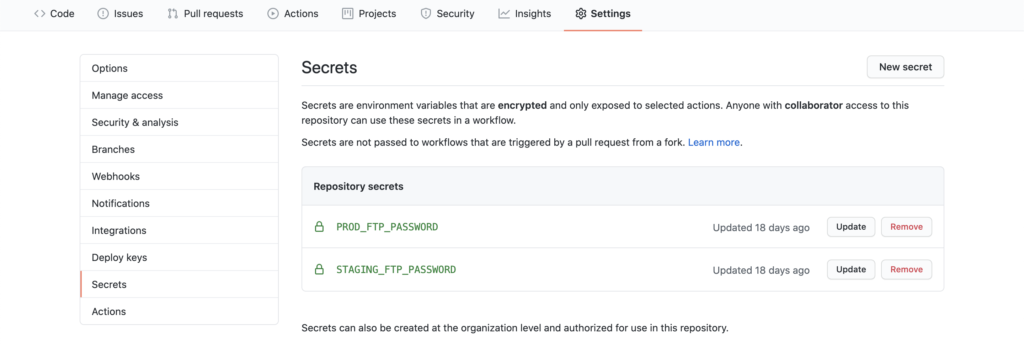 GitHub Secrets Screen